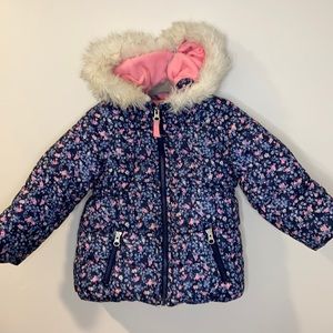 Carter’s Navy & Pink Floral Winter Coat Faux Fur Trim Hood, Pink Fleece Lined